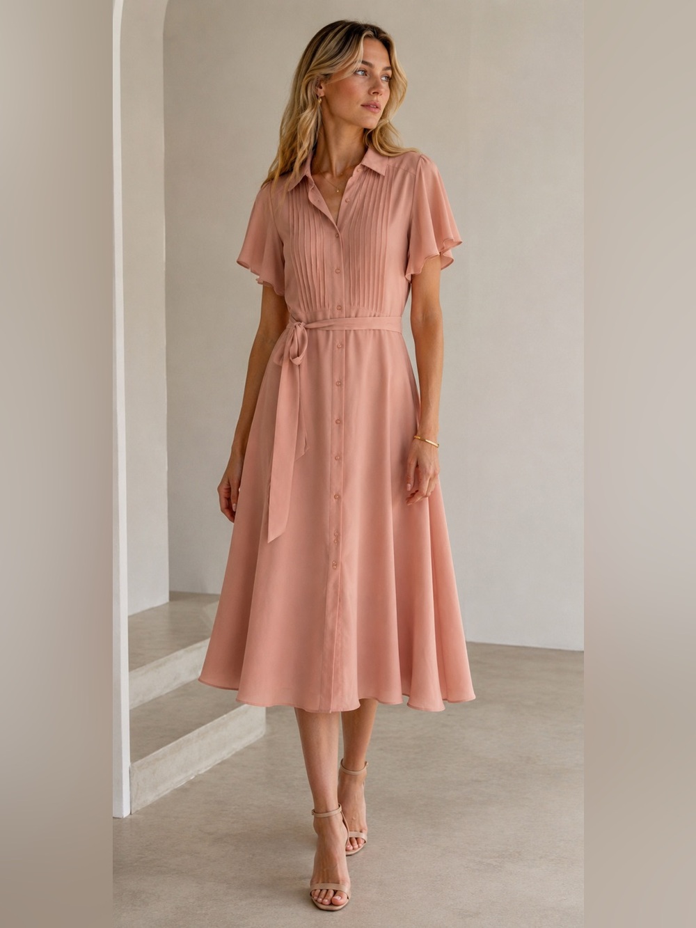 Nanette Lepore Dusty Rose Button-Front Midi Dress with Waist Tie